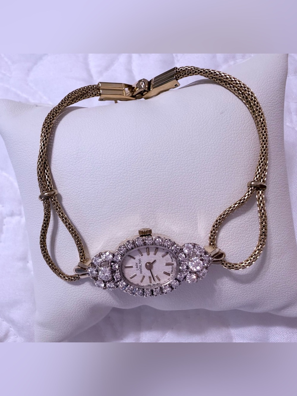 VINTAGE Lady Hamilton 14K Solid Gold & Diamonds Oval Bracelet Watch - Picture 2 of 5
